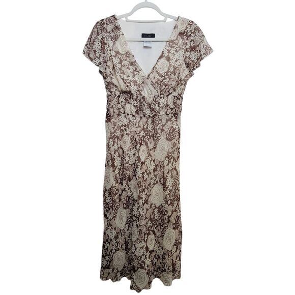 B. Smart V-Neck Brown Cream Floral Dress Size 6 - Picture 1 of 11